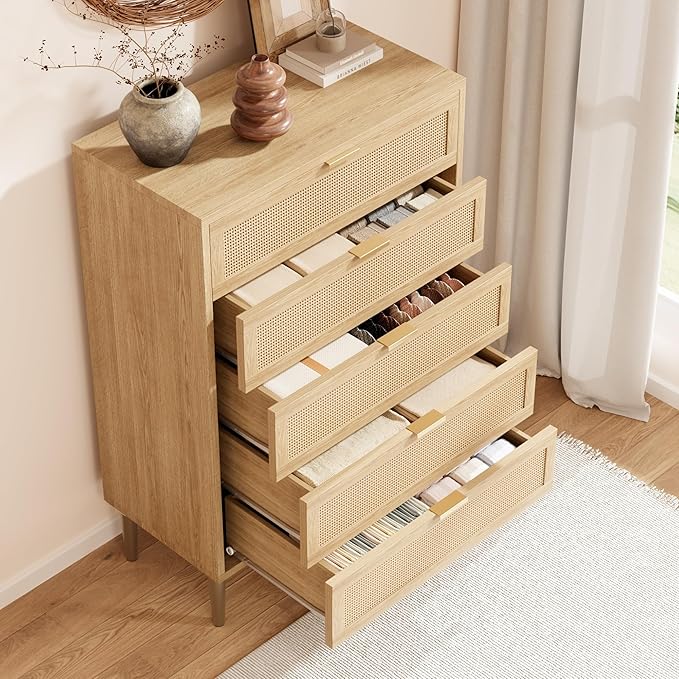IDEALHOUSE Rattan 5 Drawer Dresser, 44''Tall Narrow Chest of Drawer, Farmhouse Wooden Vertical Dresser with Metal Legs and Handles, Modern Cabinet for Bedroom, Living Room, Oak