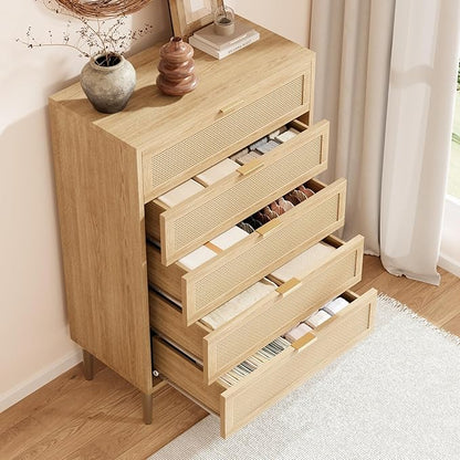 IDEALHOUSE Rattan 5 Drawer Dresser, 44''Tall Narrow Chest of Drawer, Farmhouse Wooden Vertical Dresser with Metal Legs and Handles, Modern Cabinet for Bedroom, Living Room, Oak