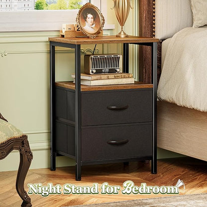 Huuger Night Stand Set of 2, Nightstand with 2 Drawers, Bed Side Table with Open Shelf, Wooden Top, End Table, Fabric Drawer, for Bedroom, Rustic Brown and Black