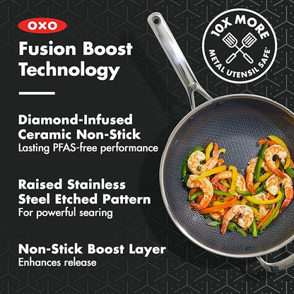 OXO Hybrid 12” Nonstick Wok with Glass Lid, PFAS-Free Ceramic Stir-Fry Pan, Induction & All Cooktop Compatible, Dishwasher Safe, Fusion Boost Tech for Powerful Searing, Mirror Polished Tri-Ply