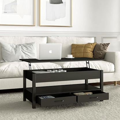 Panana Modern Coffee Table Lift Top Coffee Table with Drawers and Hidden Compartment, Tea Table with Wooden Lift Tabletop, for Living Room (Black)