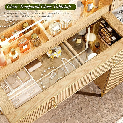Vanity Desk with 35.12" HD Lighted Mirror, 46.85" Big Modern Vanity Desk with Mirror and Lights, Makeup Vanity with 7 Drawers and Storage Shelves and Charging Station, Oak