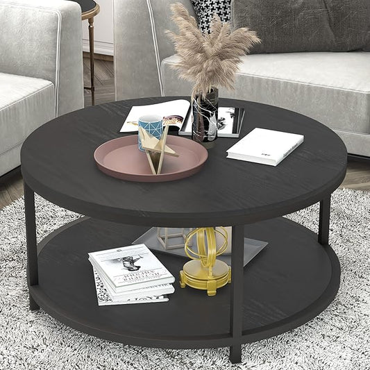 NSdirect Round Coffee Table, 36" Rustic Wooden Surface Top & Sturdy Metal Legs Industrial Sofa Table for Living Room Modern Design Home Furniture with Storage Open Shelf (Black Oak)
