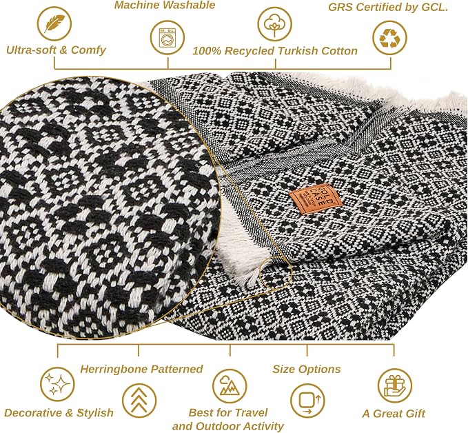 Gold Case Throw Blanket for Couch - 100% Recycled Turkish Cotton Blankets & Throws - Retro Soft Throw Blankets for Living Room - Boho Decorative Woven Couch Blanket - 60x80 - Black