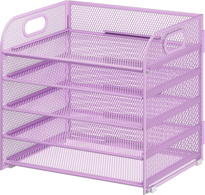 5 Tier Paper Organizer with Handle, Metal Mesh Desk Organizer File Folder Paper Letter Tray Desktop Document Sorter for Classroom, School, Office Accessories Organization and Storage - Purple