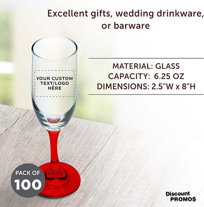 DISCOUNT PROMOS Custom Premiere Champagne Flutes 6.25 oz. Set of 100, Personalized Bulk Pack - Elegant Drinkware for Weddings, Events, & Promotional Gifts - Red