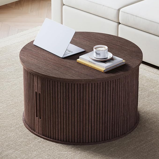 LINSY Lift Top Coffee Table, Round Fluted Coffee Table with Storage, Mid Century Modern Wooden Coffee Tables with Sliding Tambour Door, 31.5" Center Table for Living Room, Office, Small Space, Walnut