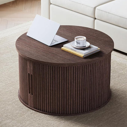 LINSY Lift Top Coffee Table, Round Fluted Coffee Table with Storage, Mid Century Modern Wooden Coffee Tables with Sliding Tambour Door, 31.5" Center Table for Living Room, Office, Small Space, Walnut