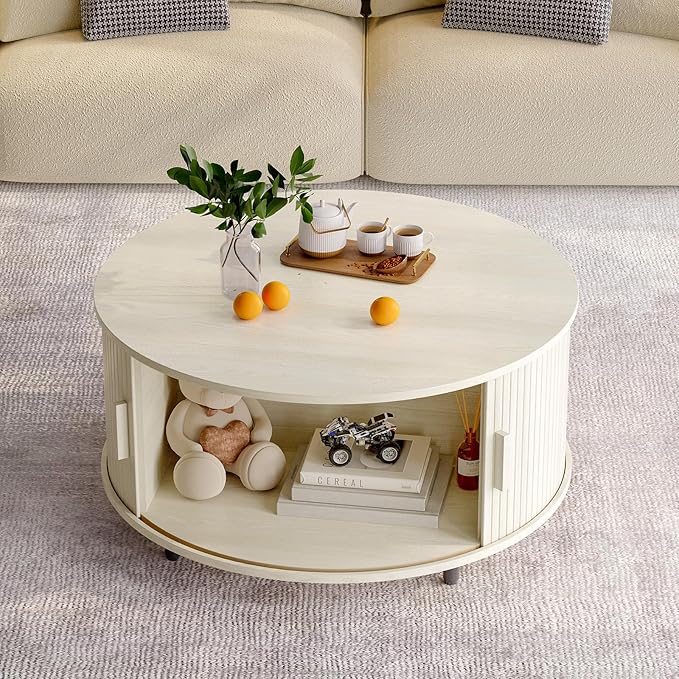 ONBRILL Round Coffee Table with Storage, 31.5" Modern Coffee Table with 360° Curved Sliding Door, Fluted Wood Coffee Table with Adjustable Footpads, Round Center Table for Living Room, Natural White