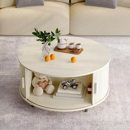 ONBRILL Round Coffee Table with Storage, 31.5" Modern Coffee Table with 360° Curved Sliding Door, Fluted Wood Coffee Table with Adjustable Footpads, Round Center Table for Living Room, Natural White