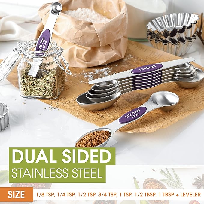 Spring Chef Purple Stainless Steel Magnetic Measuring Spoons Set of 8 with Leveler, Dual Sided Metal Teaspoon & Tablespoon Measuring Spoons, Kitchen Gadgets for Baking & Cooking, Fits in Spice Jars
