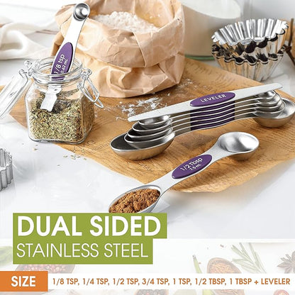 Spring Chef Purple Stainless Steel Magnetic Measuring Spoons Set of 8 with Leveler, Dual Sided Metal Teaspoon & Tablespoon Measuring Spoons, Kitchen Gadgets for Baking & Cooking, Fits in Spice Jars