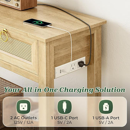 SUPERJARE Rattan Console Sofa Table with Outlets and USB-C Port, 3 Drawer Entryway Table with Synthetic Rattan Surface, Open Shelf, Behind Couch Entry Foyer Hallway Storage, Natural