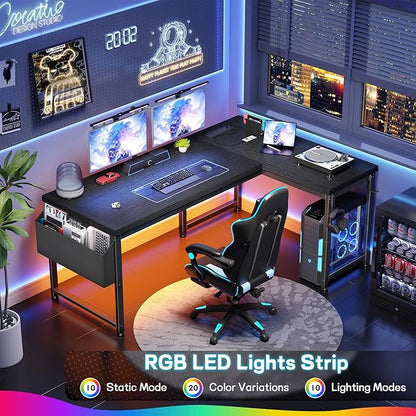 L Shaped Desk Gaming Desk with Power Outlets & 0.95 Inch Thicker Desktop, Computer Desk with Storage Bag, Corner Desk with LED Lights, Reversible Office Desk for Home, Living,Bedroom, Black