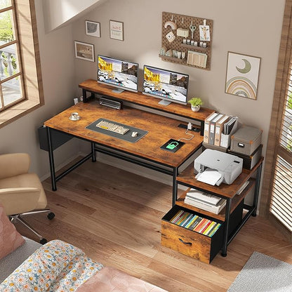 EnHomee 57" Office Desk with Drawers and Printer Space,Computer Desk with Power Outlets,Home Office Desks with File Drawers Cabinet,Study and Gaming Desk with Shelves Monitor Stand,Rustic Brown