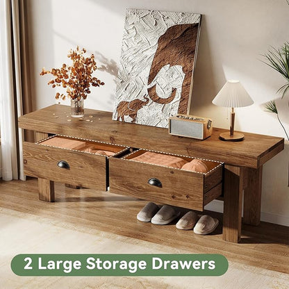 55" Solid Wood Entryway Bench with 2 Drawers, Farmhouse Long Bench End of Bed Stool with Open Storage Shelves for Hallway, Mudroom, Bedroom, Dark Brown