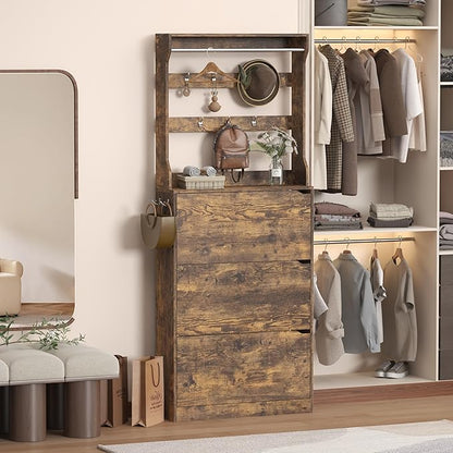 Tall Shoe Cabinet with Coat Rack, Hidden Shoe Storage Cabinet with Doors & Drawer, Hanging Bar & Hooks, Slim Narrow Freestanding Shoe Rack Organizer for Entryway, Hallway & Living Room, Brown