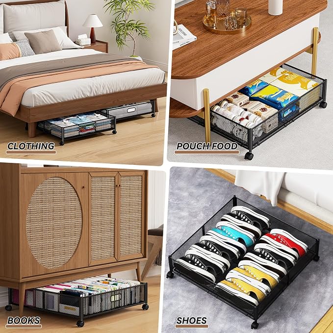 Under Bed Storage Containers with Wheels - Shoe Storage Organizer Drawer, Tool-free Assembly Metal Underbed Storage for Bedroom Clothes, Shoes, Blankets - 4Pack