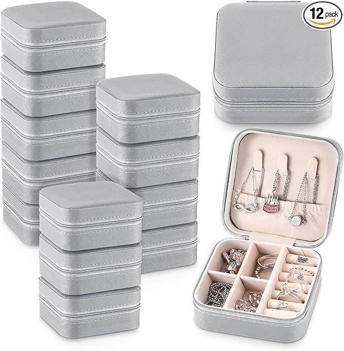 Yinkin 12 Pcs Mini Travel Jewelry Case Bridesmaid Proposal Gift Boxes, Small PU Leather Earring Organizer, Bulk Travel Accessories Portable Jewelry Holder(Gray)