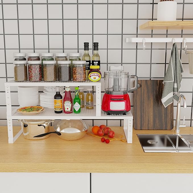 Jojocross Expandable Adjustable Stackable Kitchen Organizer, Spice Rack,Metal Pantry Storage Shelves Racks,Counter Shelf for Cabinets, Countertop, Cupboard(1 Pack/Medium/White)