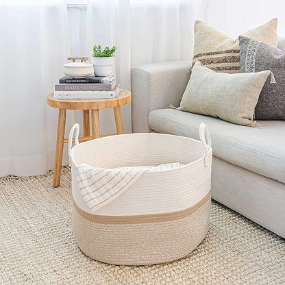 OrganiHaus Large Woven Storage Basket for Blankets and Toys 20" x 13" Inch, Rope Laundry Basket with Handles, Cushions & Pillows Storage Bin, Nursery Hamper, Soft Round Dog Toy Bin - Honey Stripe