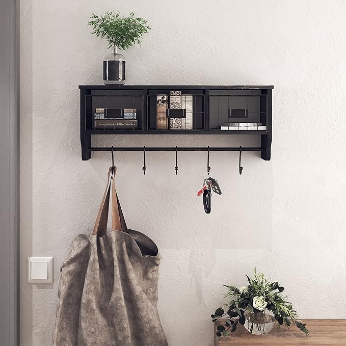 HBCY Creations Wall Mounted Shelf with Coat Hooks and Baskets, Solid Wood Entryway Organizer Wall Shelf with Hooks - Hang Coats, Keys, Rustic Blackwash 24" Wide