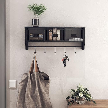 HBCY Creations Wall Mounted Shelf with Coat Hooks and Baskets, Solid Wood Entryway Organizer Wall Shelf with Hooks - Hang Coats, Keys, Rustic Blackwash 24" Wide