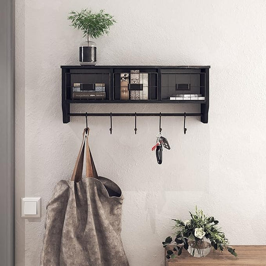 HBCY Creations Wall Mounted Shelf with Coat Hooks and Baskets, Solid Wood Entryway Organizer Wall Shelf with Hooks - Hang Coats, Keys, Rustic Blackwash 24" Wide