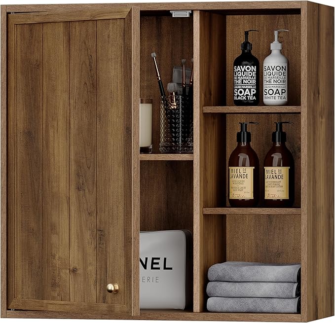 Bathroom Wall Cabinet, Small Wall Cabinet Over Toilet with Door and Adjustable Shelf, Rustic Medicine Cabinet for Kitchen, Garage, Livingroom, Laundry Room (Brown, 1 PCS)