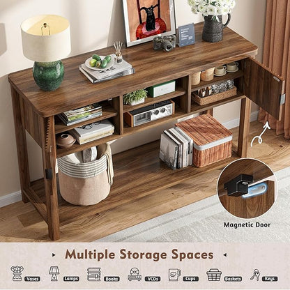 Console Table Fluted with 8 Storage Shelves & 2 Doors, Modern Sofa Table Behind Couch with Open Storage Shelf, Entry Table for Hallways,Entryway, Living Room,Wooden, Walnut Brown