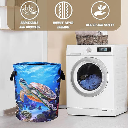 Sea Turtle Laundry Basket Animal Foldable Oxford Cloth Funny Tote Bag Laundry Hamper Clothes Storage Bucket Organizer For Bathroom/Laundry Storage/Bedroom 18.9x16.5 Inch