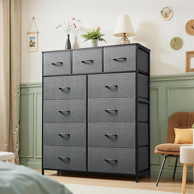 Tall Console Table with 11 Fabric Drawers, Entryway Table with Storage, Tall Storage Organizer with Wood Top, Steel Frame for Living Room, Hallway, Office, Dark Grey