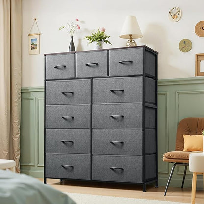 Tall Console Table with 11 Fabric Drawers, Entryway Table with Storage, Tall Storage Organizer with Wood Top, Steel Frame for Living Room, Hallway, Office, Dark Grey