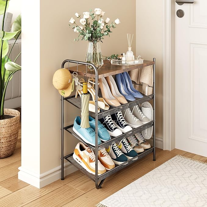 4 Tier Shoe Rack for Entryway, Metal Shoe Rack Organizer Holds 15 Pairs Shoes, Front Door Shoe Storage with Rustic Brown Wooden Top, Vertical shoe rack for Space Saving Shoe Organizer (4-Tiers)