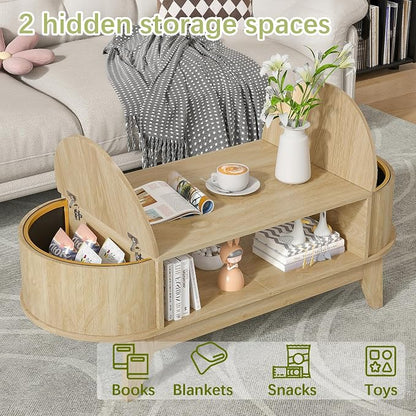 Coffee Table with 2 Hidden Storage,Mid Century Modern Coffee Table with Fluted Finish,Wood Center Tables Oval Coffee Tables with Flip-Top Lids for Living Room Home Office (Oak)