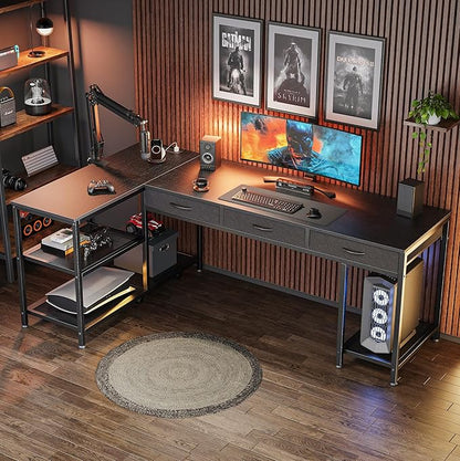 PRAISUN 63 Inch L Shaped Office Desk with Power Outlets and Type-C Port, Large Computer Gaming Desk with 3 Fabric Drawers, Mesh Shelves, Corner Study Work Writing Desk, Black