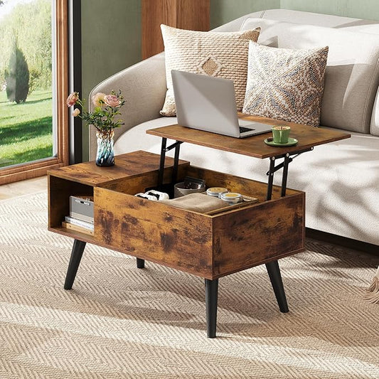 WLIVE Coffee Table for Living Room, Small Coffee Table with Storage, Lift Top Modern Wooden Dining Center Table with Storage Shelf & Hidden Compartment, 31.5" Rustic Brown