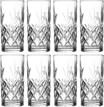 Royalty Art Kinsley Tall Highball Glasses Set of 4, 12 Ounce Cups, Textured Designer Glassware for Drinking Water, Beer, or Soda, Trendy and Elegant Dishware, Dishwasher Safe (Hiball Set Of 4)