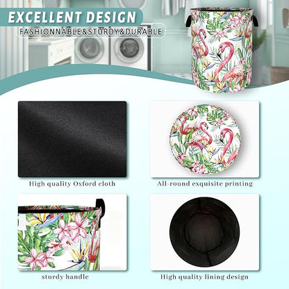 Pink Flamingo Laundry Basket Tropical Leaves Pink Floral Hamper Foldable Oxford Cloth Birds Colorful Tote Bag Clothes Toy Storage Bucket For Bathroom/Laundry Storage/Bedroom 18.9 x 16.5 Inch