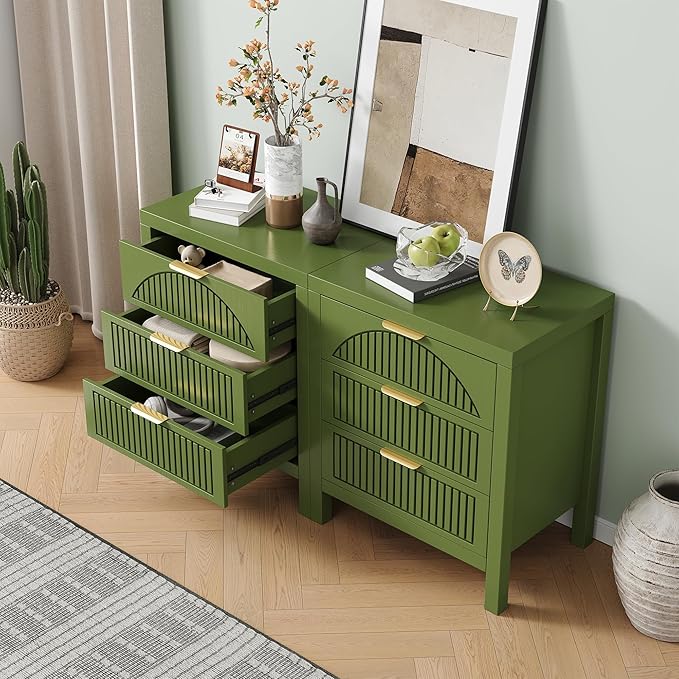 6 Drawer Dresser, Farmhouse Fluted Chest of Drawers, Wooden End Table, Mid- Century Modern Bedroom Nightstand Side Table for Bedrooms, Closets, Hallways, and Entryways, Green X2