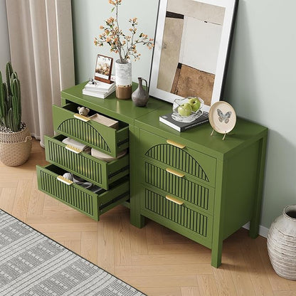 6 Drawer Dresser, Farmhouse Fluted Chest of Drawers, Wooden End Table, Mid- Century Modern Bedroom Nightstand Side Table for Bedrooms, Closets, Hallways, and Entryways, Green X2