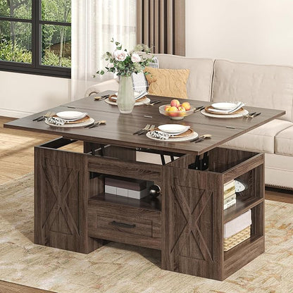 kepptory 39.4'' Lift Top Coffee Table with Storage, 4 in 1 Multi-Function Convertible Coffee Tables for Living Room, Farmhouse Coffee Table with Open Storage Compartment & Drawers (Walnut)