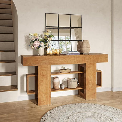 Feonase 63 Inches Long Console Table for Entryway, Wooden Sofa Table Behind Couch with 3-Tier Storage, Farmhouse Narrow Entry Hallway Table for Living Room Foyer Entrance, Natural