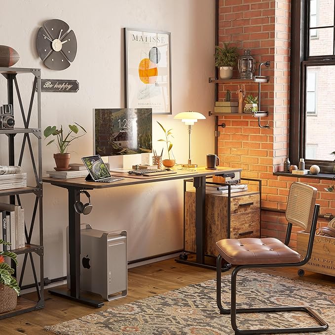 FEZIBO One-Piece Standing Desk Adjustable Height Stand up Home Office Desk, 55x24 Inch Electric Standing Computer Desk, with 4 Memory Presets, Headphone Hook, Rustic Brown