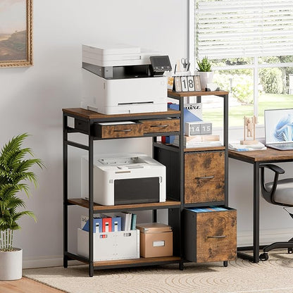 JUSTOGO Printer Stand with 4 Drawer, 43" x 36" x 16" Extra Large File Cabinet with Open Storage Shelf, 5 Tier Printer Table Lateral Filing Cabinet for Home Office, Rustic Brown