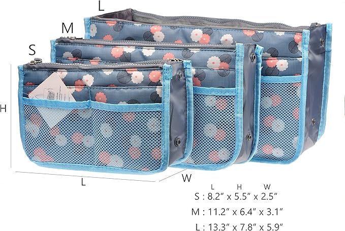 Vercord Purse Organizer Insert for Handbags Bag Organizers Inside Tote Pocketbook Women Nurse Nylon 13 Pockets Blue Flower Small