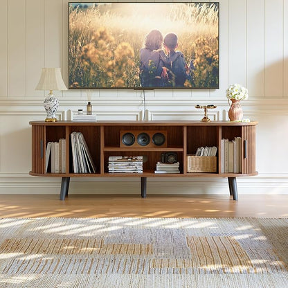 ChooChoo Mid Century Modern TV Stand for TVs up to 60 Inch, Entertainment Center with Fluted Sliding Doors and Hidden Storage, TV Console with Adjustable Shelf for Living Room, Bedroom, Walnut