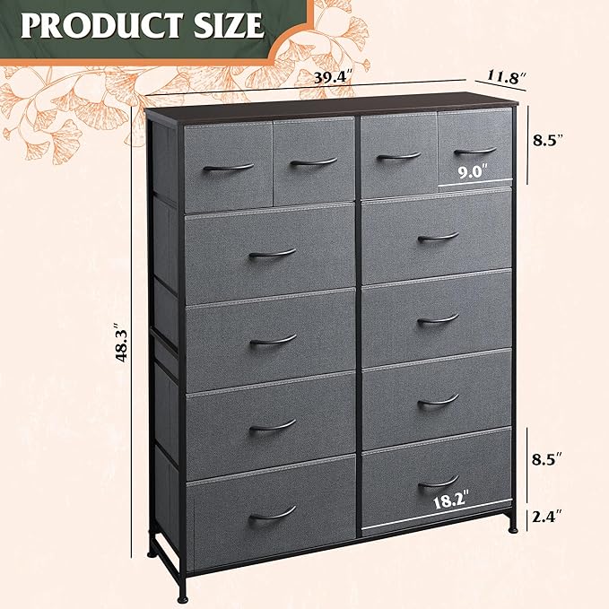 Tall Console Table with 12 Fabric Drawers, Tall Storage Organizer with Wood Top, Entryway Table with Storage, Steel Frame for Living Room, Hallway, Office, Dark Grey