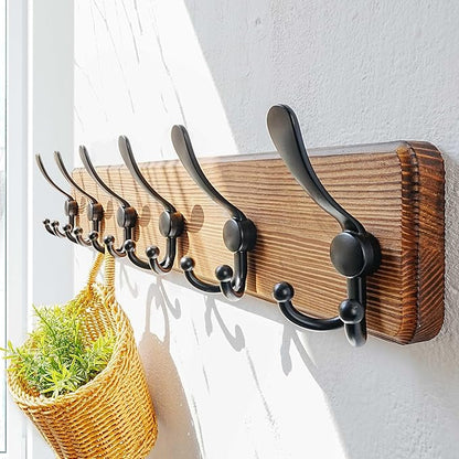 Dseap Coat Rack Wall Mounted - 24" Long 6 Tri Hooks, Heavy Duty Wooden Wall Coat Hanger Coat Hook for Clothes Hat Jacket Clothing, Natural and Black, Pack of 2