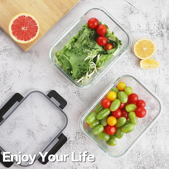 HOMBERKING 6 Pieces 63oz/8cup Large Glass Food Storage Containers with Lids, Meal Prep Containers, Airtight Bento Boxes with Leak Proof Locking (3 Containers 3 Lids), Microwave,Oven,Fridge Safe-Black